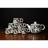 Hand-Painted Premium Ceramic Tea Morning Set - 6 Coffee Tea Cups and 1 Kettle