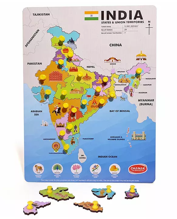 Wooden India Map Puzzle with Picture & States Name Educational Board for Kids, 18 Piece States Map