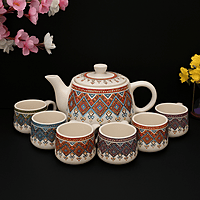 kashmiri Design Printed Ceramic Tea Kettle Milk Ceramic Pot and Ceramic Cup Set of 6, Kettle Size 750ml, Multicolour