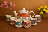 kashmiri Design Printed Ceramic Tea Kettle Milk Ceramic Pot and Ceramic Cup Set of 6, Kettle Size 750ml, Multicolour