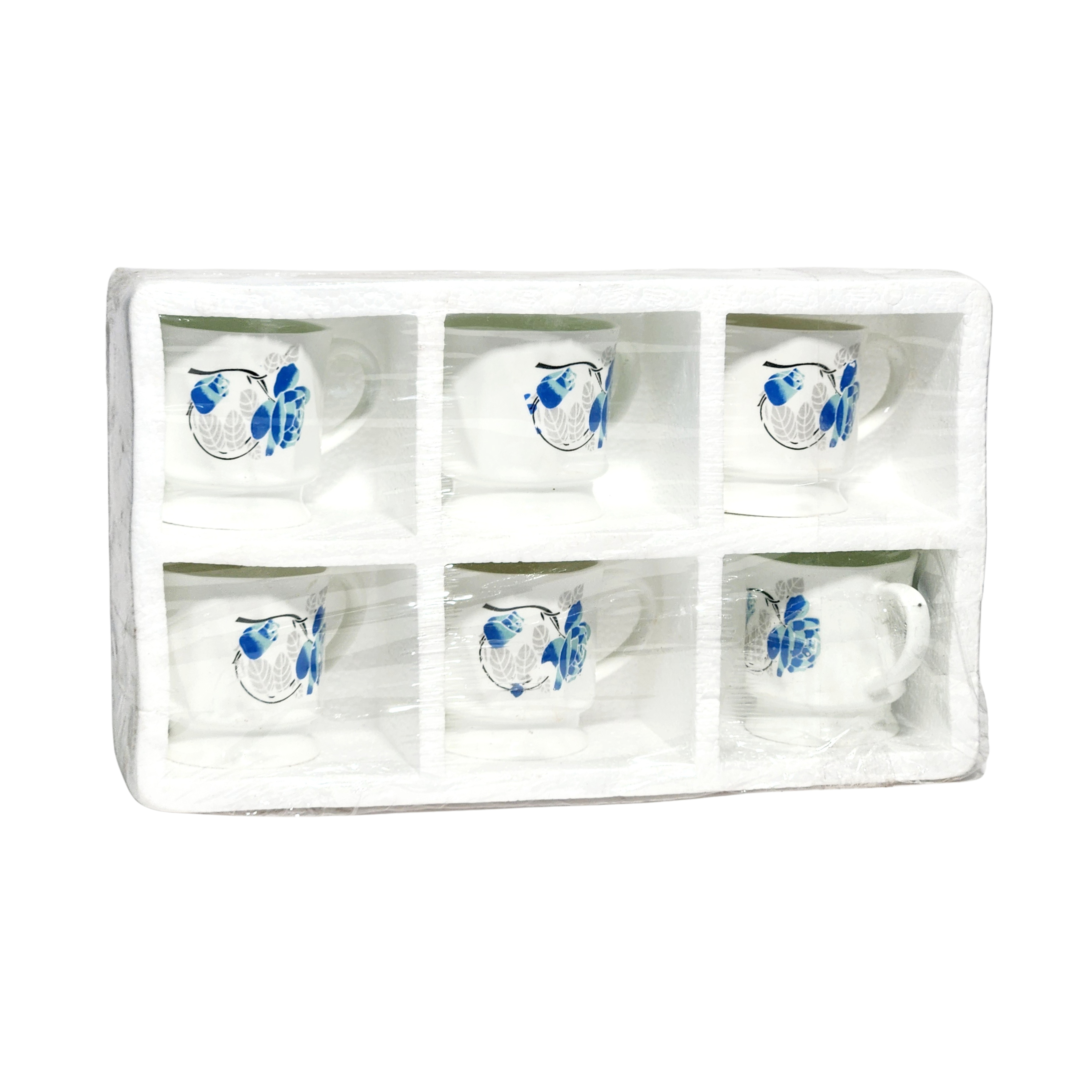 Set of 6 White Ceramic Teacups  Coffee Mugs with Blue Floral Design