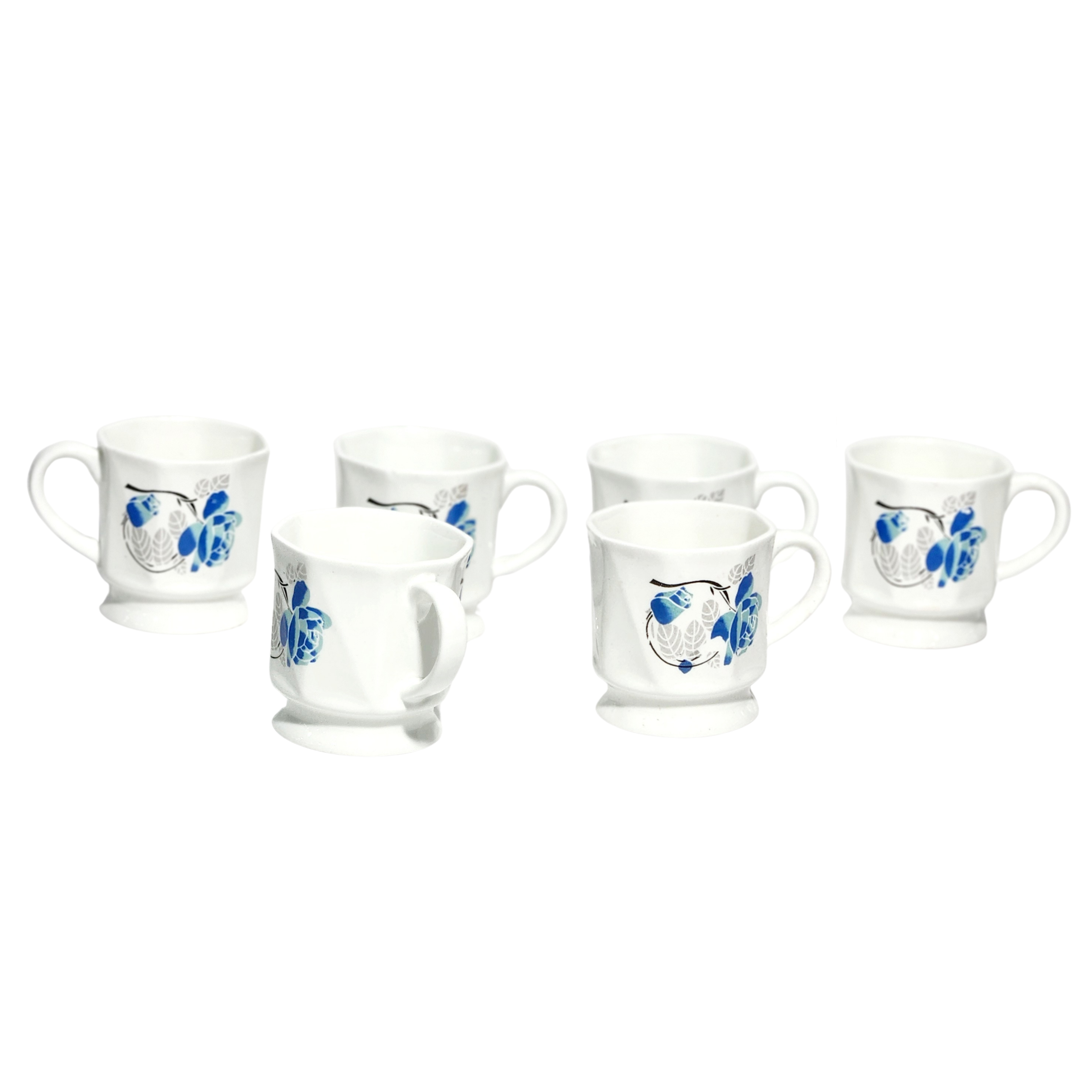 Set of 6 White Ceramic Teacups  Coffee Mugs with Blue Floral Design