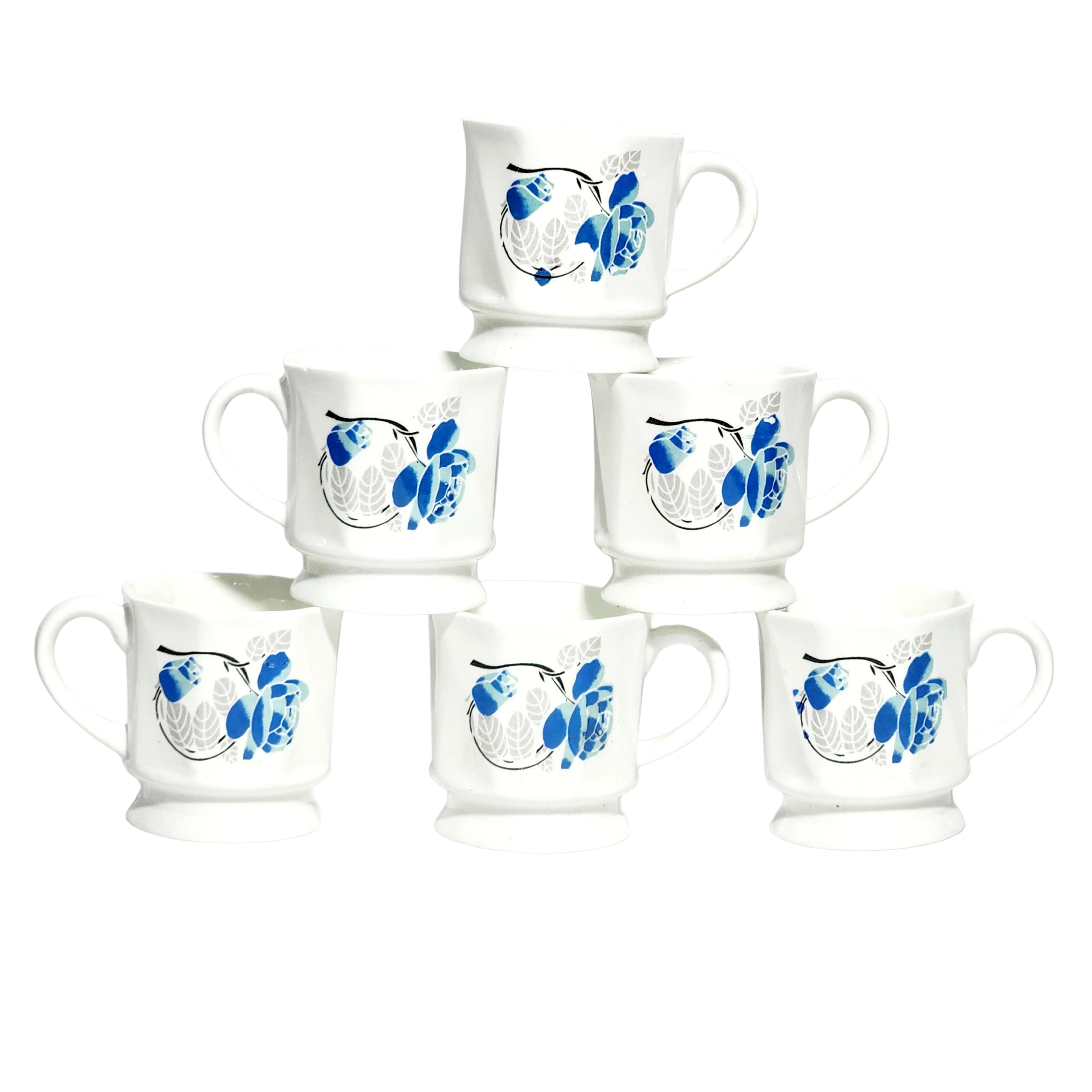 Set of 6 White Ceramic Teacups  Coffee Mugs with Blue Floral Design