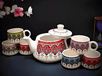 kashmiri Design Printed Ceramic Tea Kettle Milk Ceramic Pot and Ceramic Cup Set of 6, Kettle Size 750ml, Multicolour