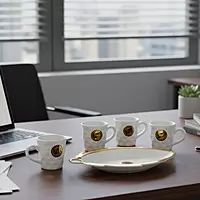 6-Piece Black and Gold Ceramic Cup and Tray Set