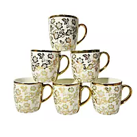 Set of 6 Porcelain Espresso/Demitasse Cups - Gold Floral Design with Trim