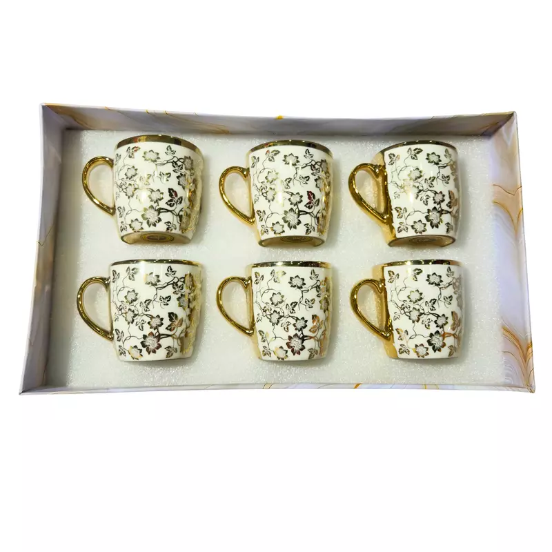 Set of 6 Porcelain Espresso/Demitasse Cups - Gold Floral Design with Trim
