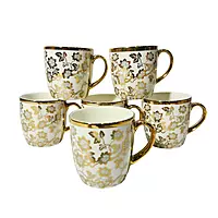 Set of 6 Porcelain Espresso/Demitasse Cups - Gold Floral Design with Trim