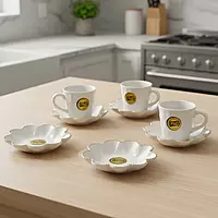 8-Piece White Ceramic Tea Cup & Saucer Gift Box