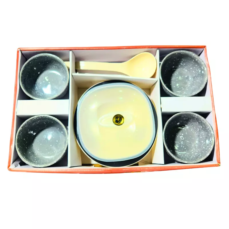 6-Piece Dinner Set | 4 Grey Speckled Bowls, 1 Serving Bowl with Lid, and 1 Serving Spoon