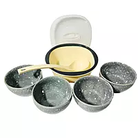 6-Piece Dinner Set | 4 Grey Speckled Bowls, 1 Serving Bowl with Lid, and 1 Serving Spoon