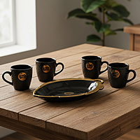 Black & Gold Tea/Coffee Cup and Leaf Platter Set (4 Cups)