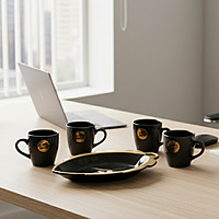 Black & Gold Tea/Coffee Cup and Leaf Platter Set (4 Cups)