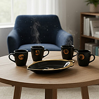 Black & Gold Tea/Coffee Cup and Leaf Platter Set (4 Cups)
