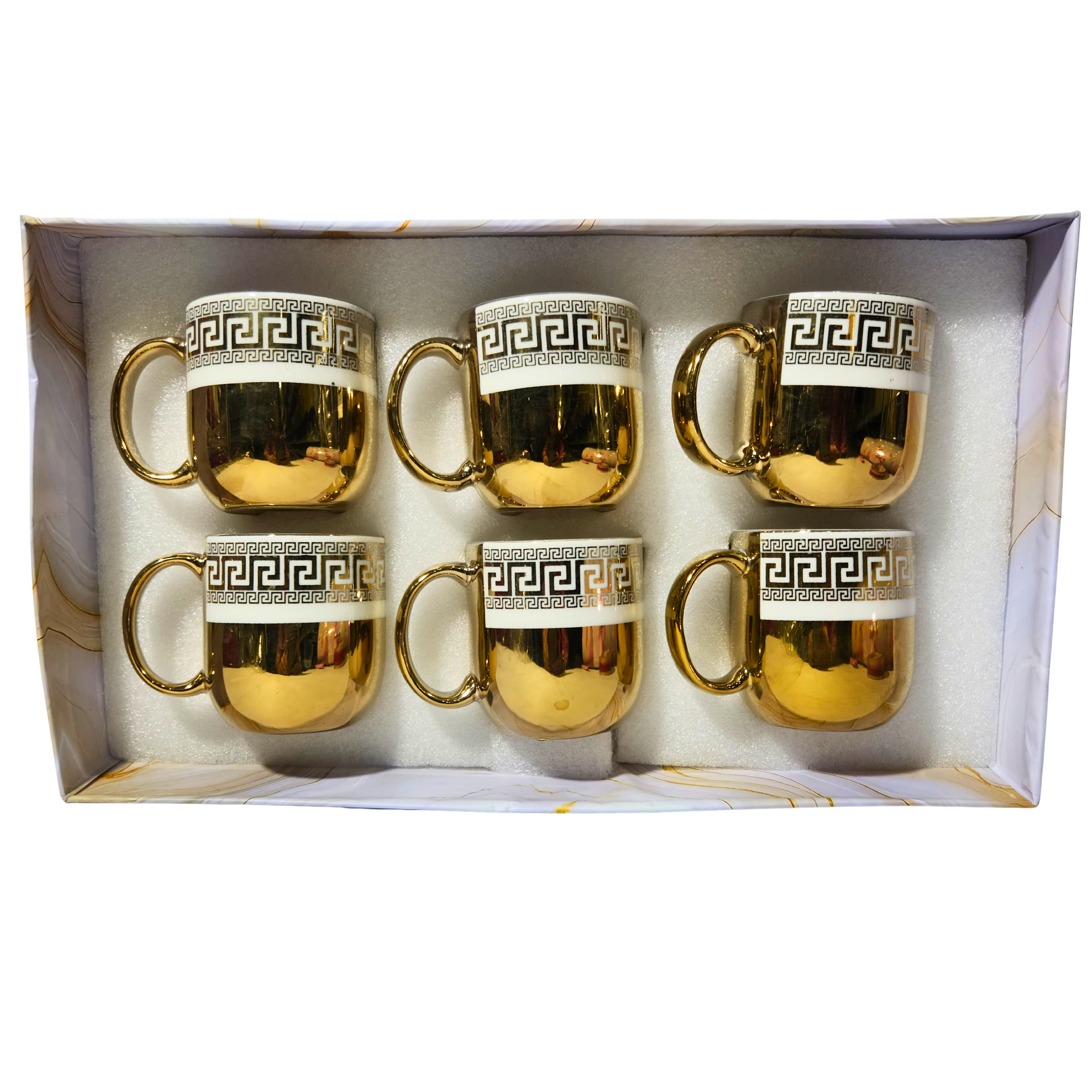 Set of 6 Gold Metallic Espresso Cups Greek Key Geometric Border Design