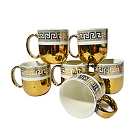 Set of 6 Gold Metallic Espresso Cups Greek Key Geometric Border Design