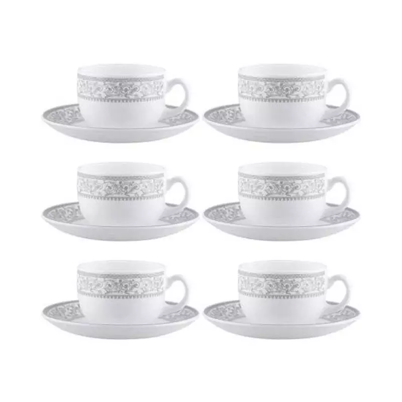 Laopala Opalware Glass Persion Silver Tea Cup With Saucers (6 Cup, 6 Saucer) - 160 Ml