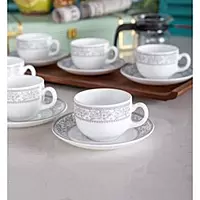 Laopala Opalware Glass Persion Silver Tea Cup With Saucers (6 Cup, 6 Saucer) - 160 Ml