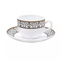 La Opala Diva Sovrana Collection Opal Glass Cups and Saucers with a Moroccan Gold design