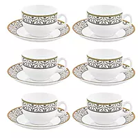 La Opala Diva Sovrana Collection Opal Glass Cups and Saucers with a Moroccan Gold design