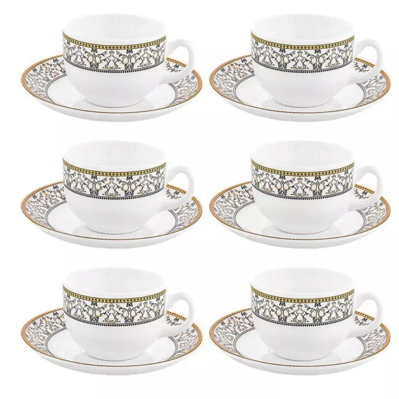 La Opala Diva Sovrana Collection Opal Glass Cups and Saucers with a Moroccan Gold design