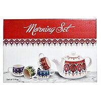kashmiri Design Printed Ceramic Tea Kettle Milk Ceramic Pot and Ceramic Cup Set of 6, Kettle Size 750ml, Multicolour
