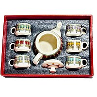 kashmiri Design Printed Ceramic Tea Kettle Milk Ceramic Pot and Ceramic Cup Set of 6, Kettle Size 750ml, Multicolour