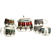 kashmiri Design Printed Ceramic Tea Kettle Milk Ceramic Pot and Ceramic Cup Set of 6, Kettle Size 750ml, Multicolour