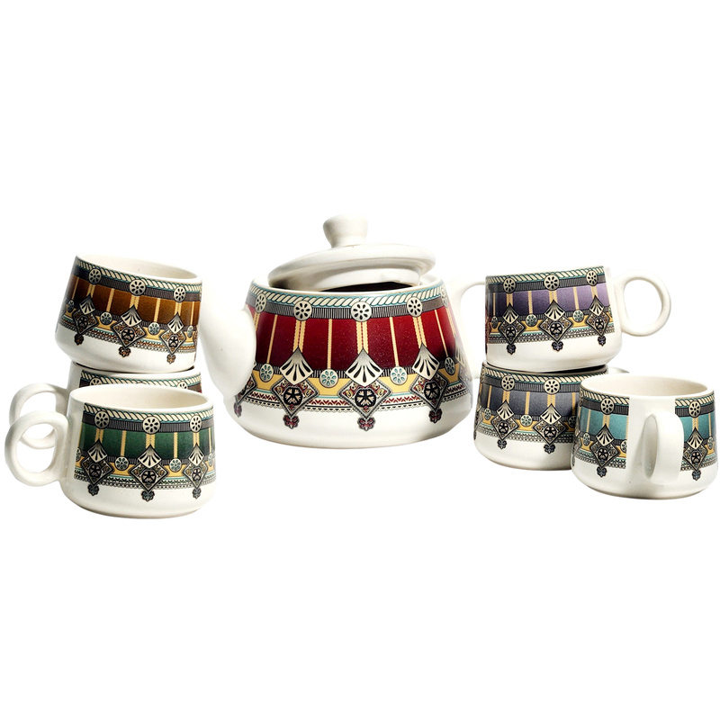 kashmiri Design Printed Ceramic Tea Kettle Milk Ceramic Pot and Ceramic Cup Set of 6, Kettle Size 750ml, Multicolour