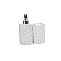 White Textured Soap Dispenser with Toothbrush Holder