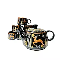 Ceramic Stylo Black Teapot Cup Set - 1 Kettle & 6 Cups  Microwave & Dishwasher Safe Morning Set