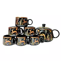 Ceramic Stylo Black Teapot Cup Set - 1 Kettle & 6 Cups  Microwave & Dishwasher Safe Morning Set