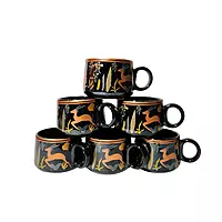 Ceramic Stylo Black Teapot Cup Set - 1 Kettle & 6 Cups  Microwave & Dishwasher Safe Morning Set