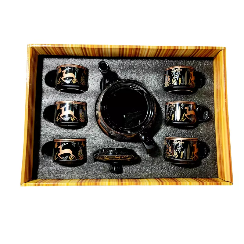 Ceramic Stylo Black Teapot Cup Set - 1 Kettle & 6 Cups  Microwave & Dishwasher Safe Morning Set