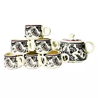 Hand-Painted Premium Ceramic Tea Morning Set - 6 Coffee Tea Cups and 1 Kettle