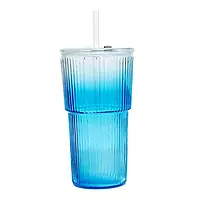 Gradient-Colored Korean Glass Tumblers with Straw for Juice, Cold Drinks, Coffee, Matcha