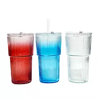Gradient-Colored Korean Glass Tumblers with Straw for Juice, Cold Drinks, Coffee, Matcha