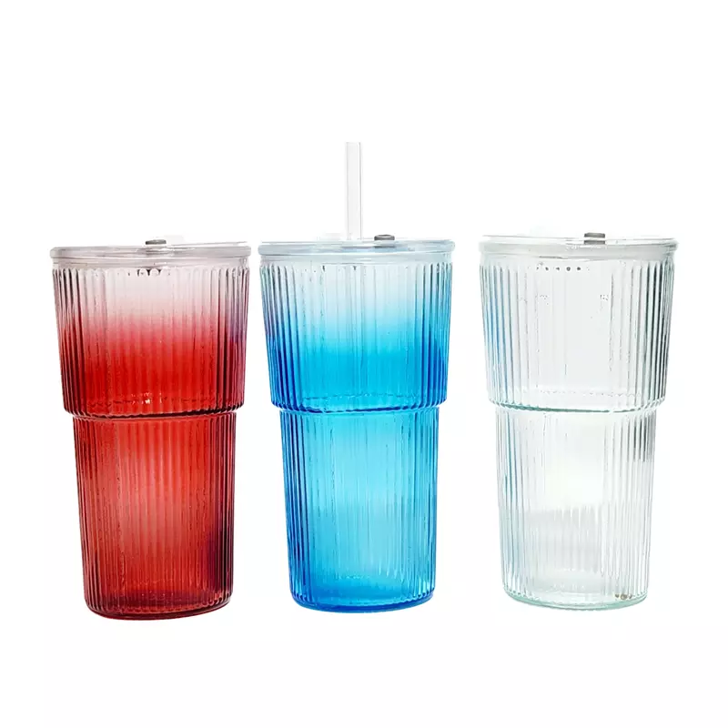 Gradient-Colored Korean Glass Tumblers with Straw for Juice, Cold Drinks, Coffee, Matcha