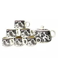 Hand-Painted Premium Ceramic Tea Morning Set - 6 Coffee Tea Cups and 1 Kettle