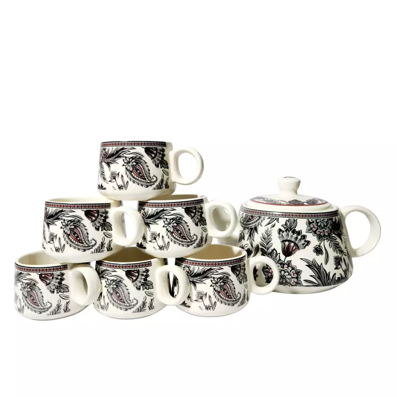 Hand-Painted Premium Ceramic Tea Morning Set - 6 Coffee Tea Cups and 1 Kettle