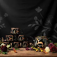 Ceramic Stylo Black Teapot Cup Set - 1 Kettle & 6 Cups  Microwave & Dishwasher Safe Morning Set