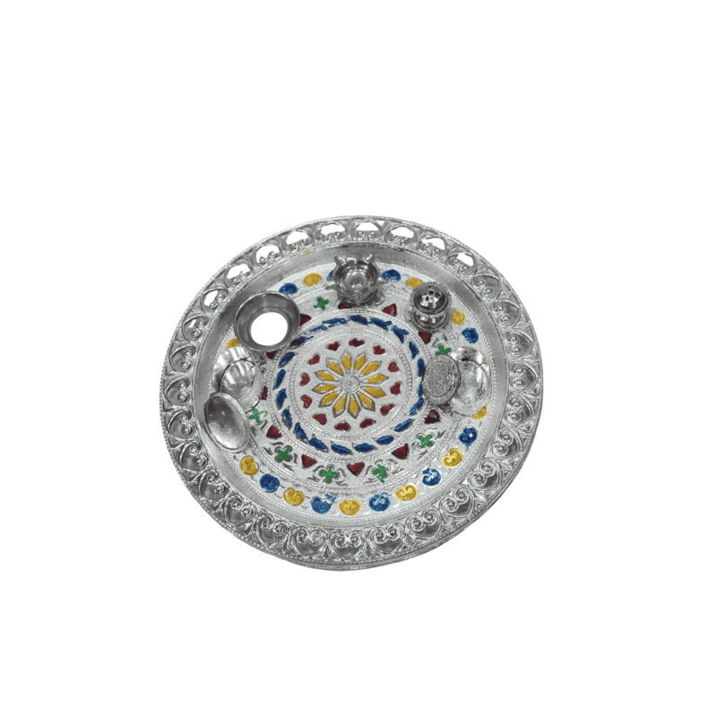 Silver Coated Pooja Thali with 1 Diya, 2 Bowls, 1 Kumkum Container & 1 Incense Stick Holder