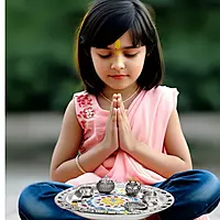Silver Coated Pooja Thali with 1 Diya, 2 Bowls, 1 Kumkum Container & 1 Incense Stick Holder