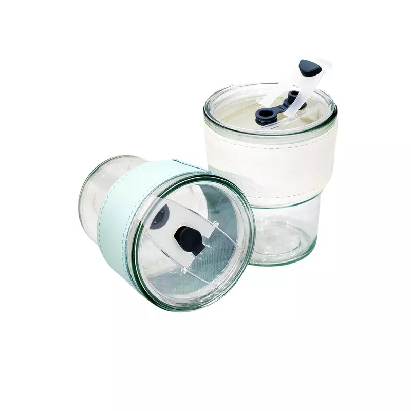Glass Sipper with Lid, Straw and leather grip