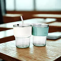 Glass Sipper with Lid, Straw and leather grip