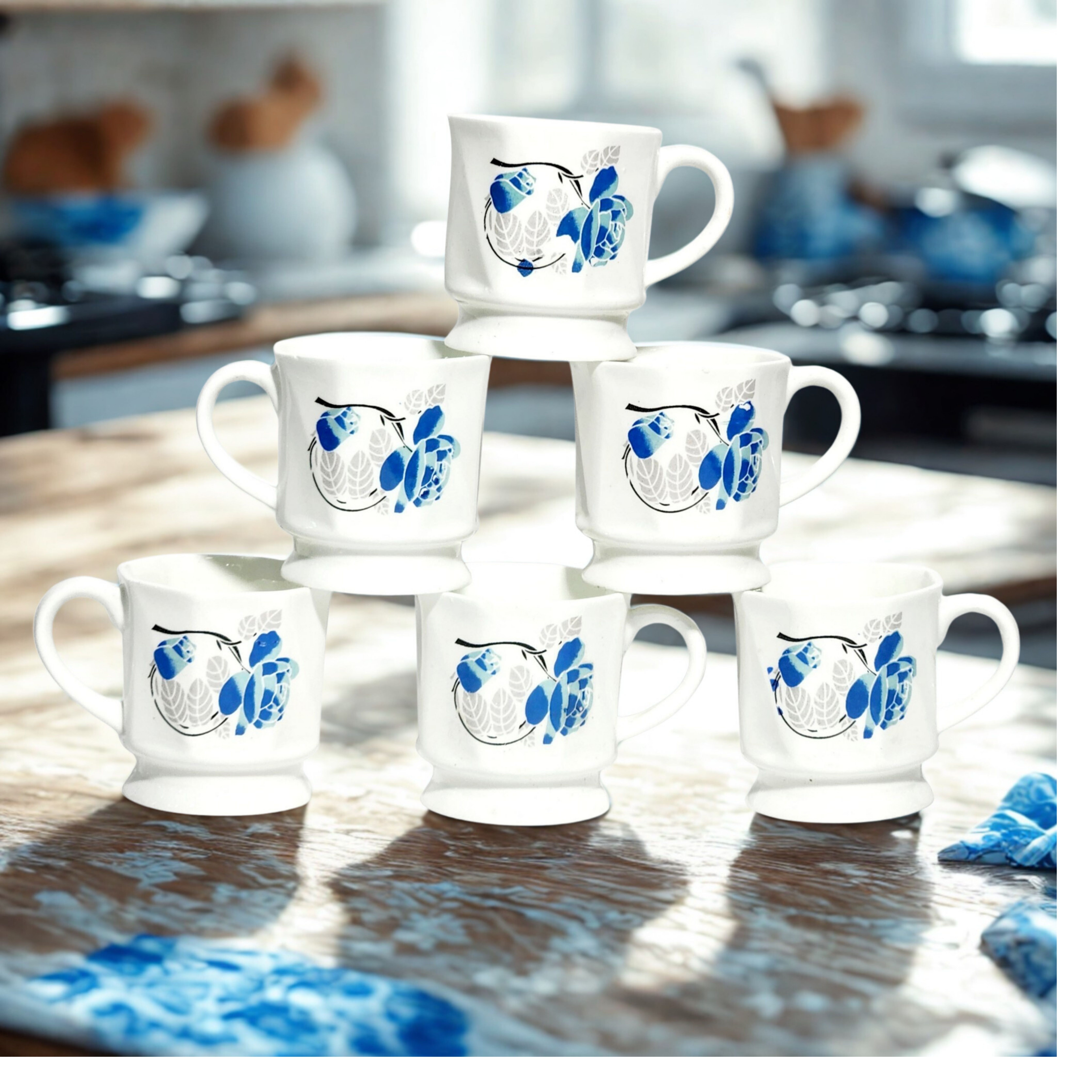 Set of 6 White Ceramic Teacups  Coffee Mugs with Blue Floral Design